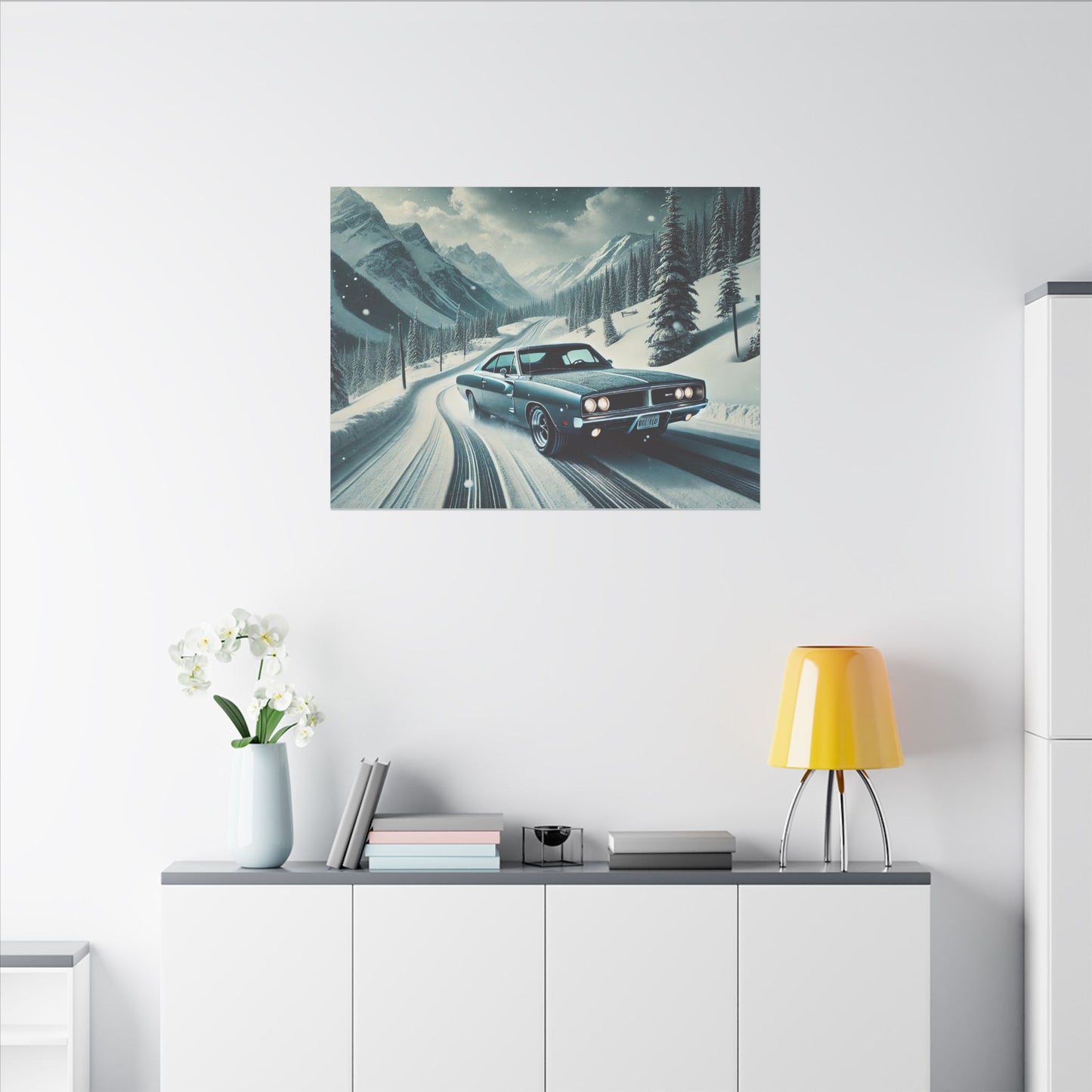 Canvas Print - American Muscle Car Driving on Snow Mountains