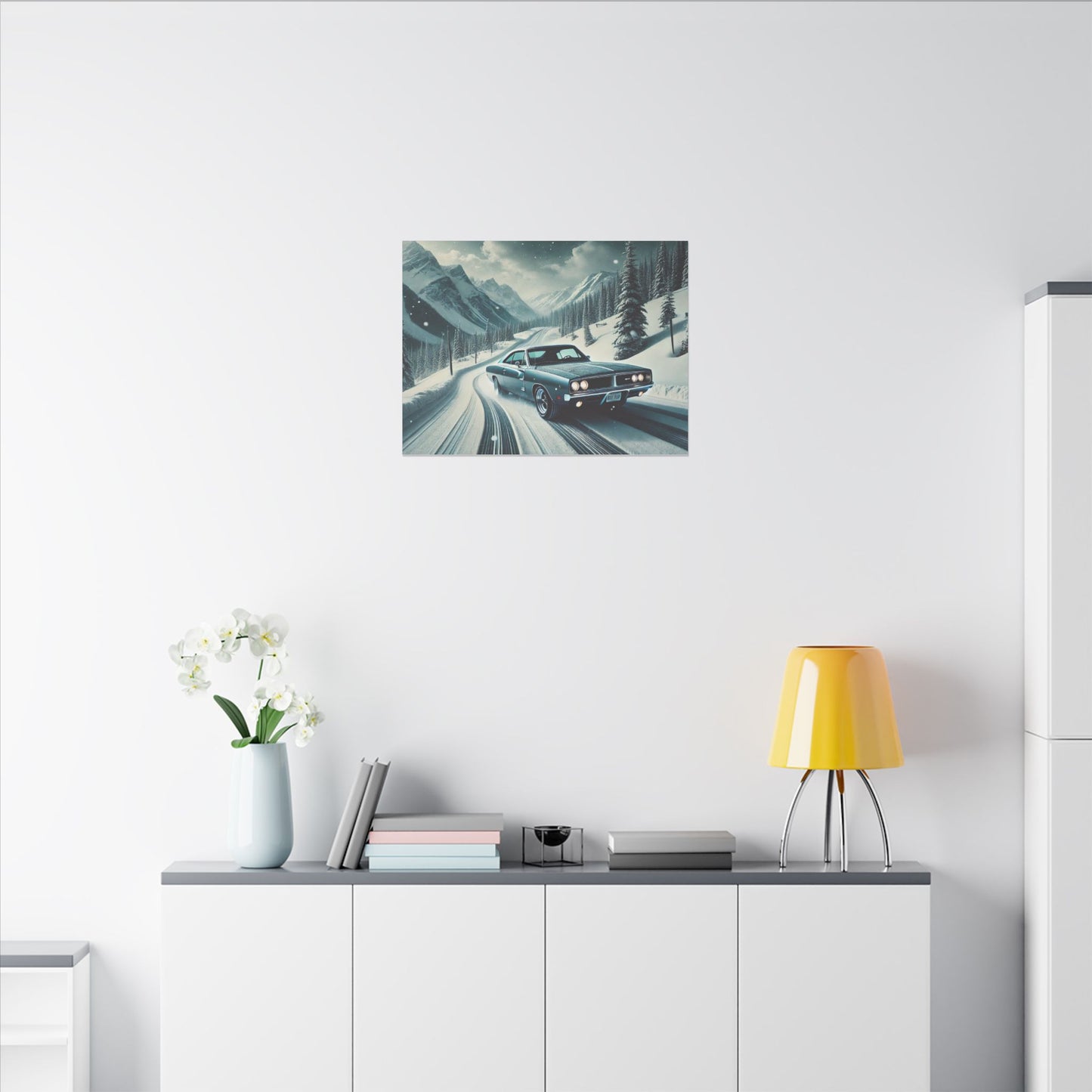 Canvas Print - American Muscle Car Driving on Snow Mountains