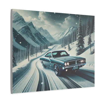 Canvas Print - American Muscle Car Driving on Snow Mountains