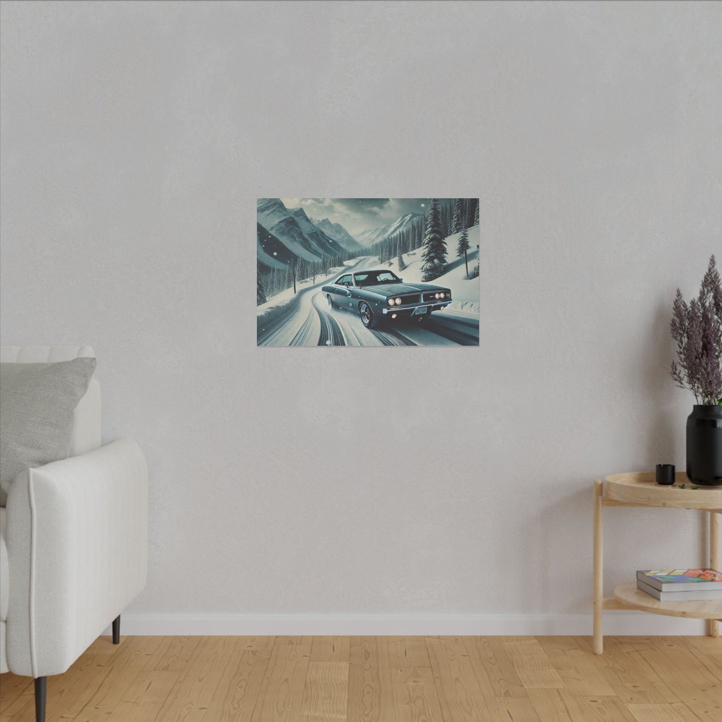 Canvas Print - American Muscle Car Driving on Snow Mountains