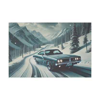 Canvas Print - American Muscle Car Driving on Snow Mountains