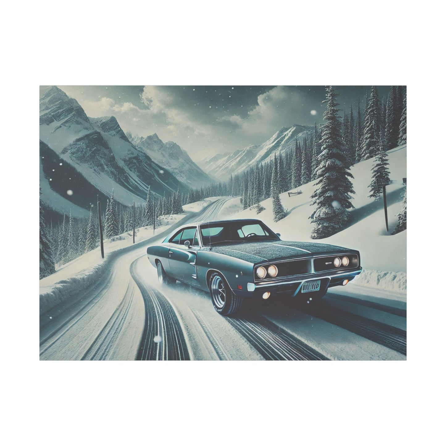 Canvas Print - American Muscle Car Driving on Snow Mountains