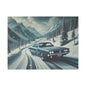 Canvas Print - American Muscle Car Driving on Snow Mountains