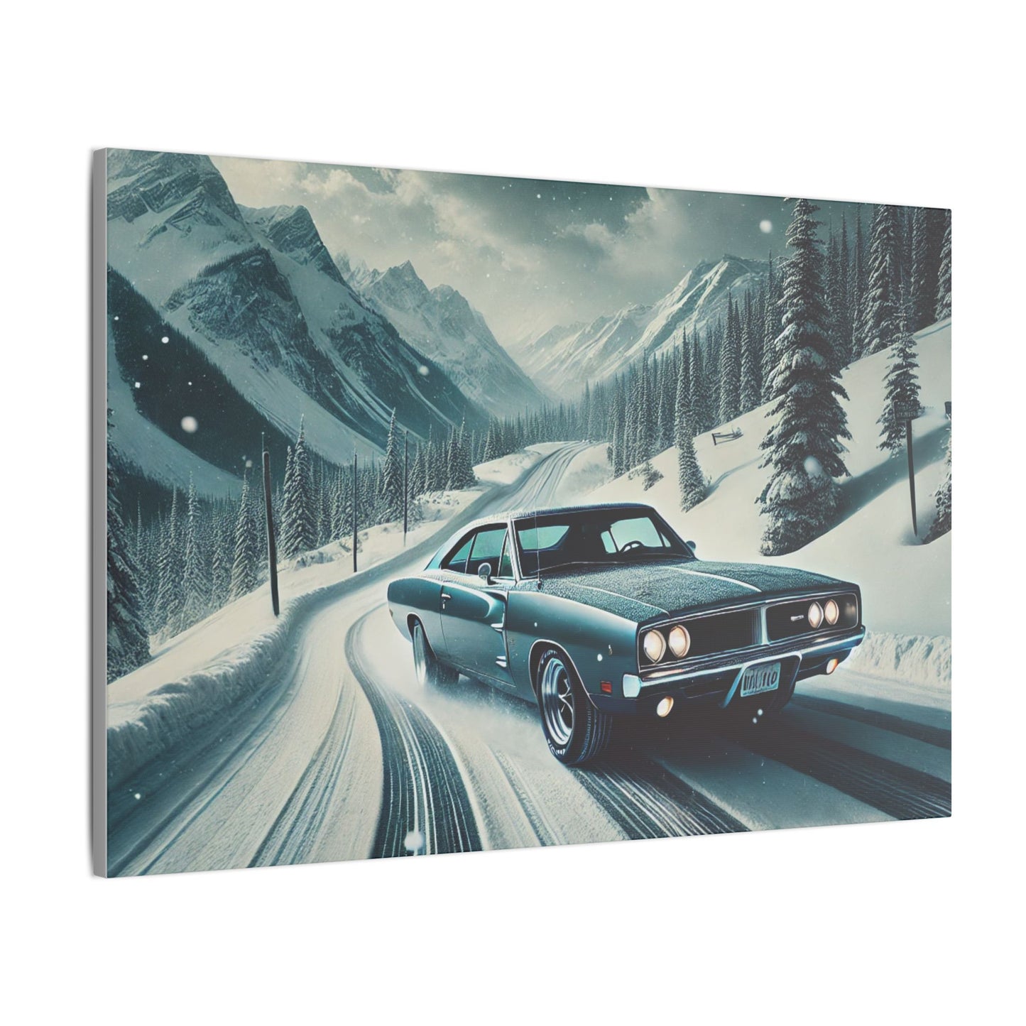 Canvas Print - American Muscle Car Driving on Snow Mountains