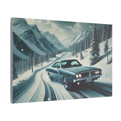 Canvas Print - American Muscle Car Driving on Snow Mountains