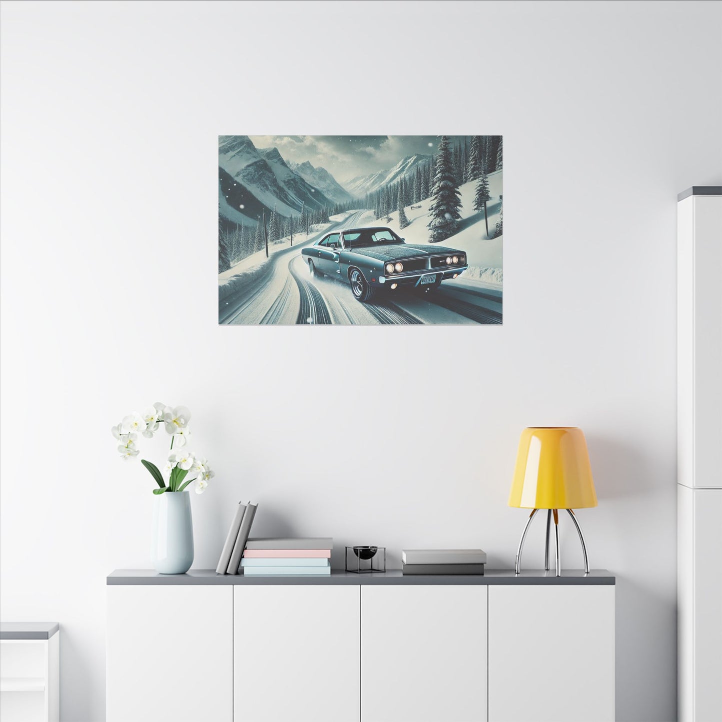 Canvas Print - American Muscle Car Driving on Snow Mountains