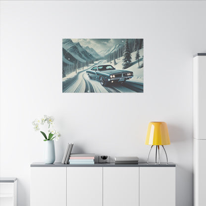 Canvas Print - American Muscle Car Driving on Snow Mountains