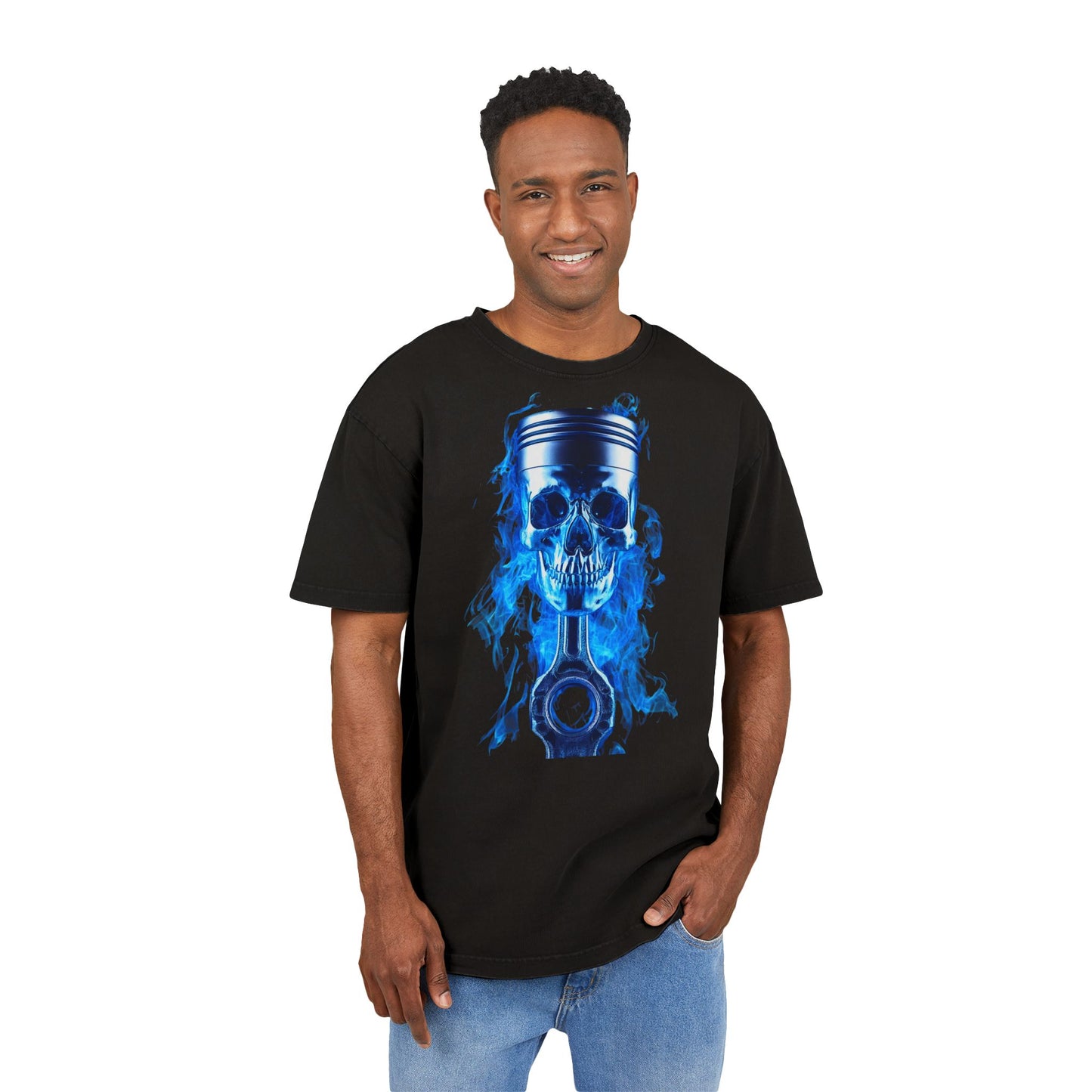 Oversize Tee - Skull Piston Neon Blue Design