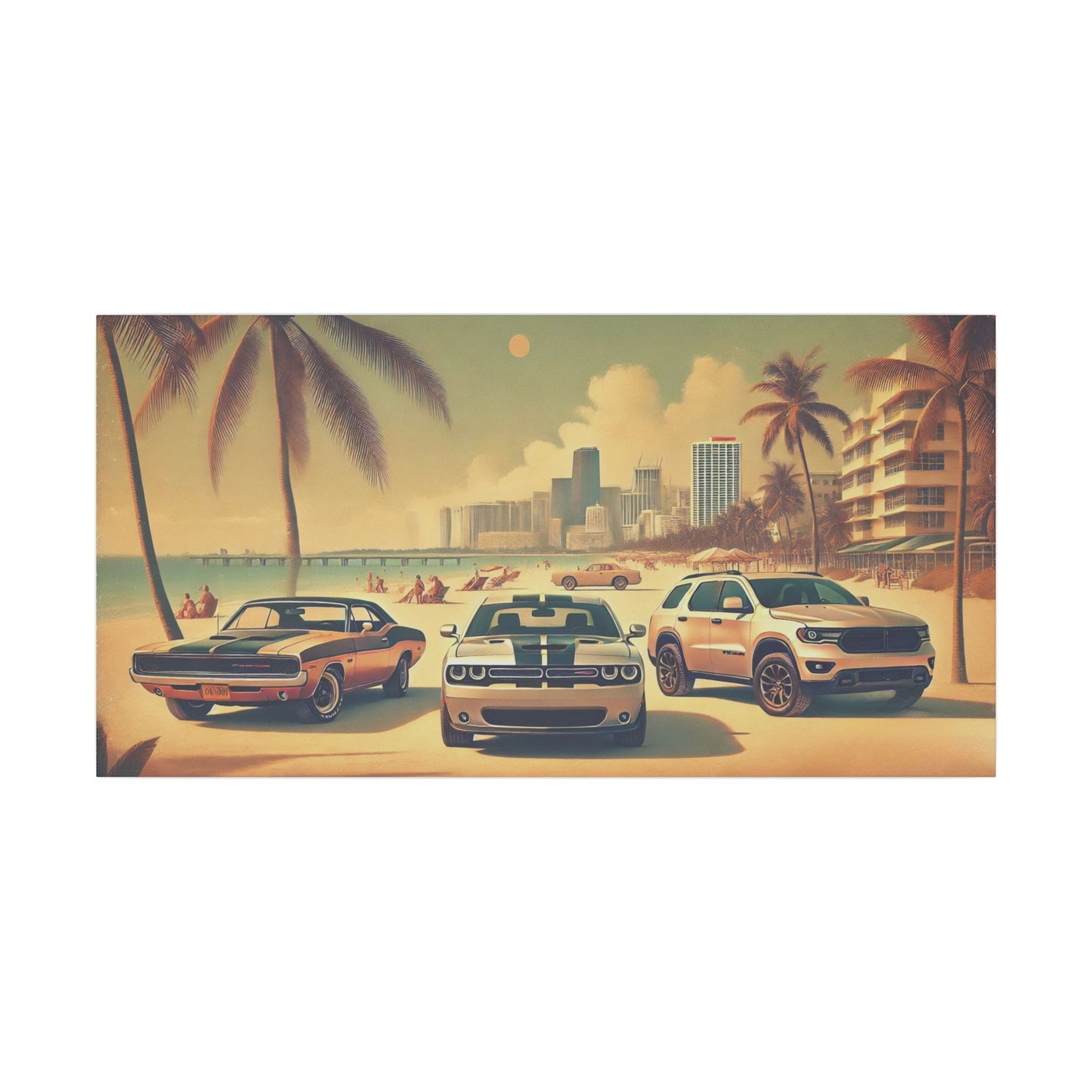 Canvas Print American Car Family on the Beach