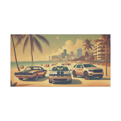 Canvas Print American Car Family on the Beach
