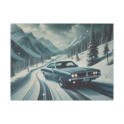 Canvas Print - American Muscle Car Driving on Snow Mountains