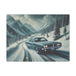 Canvas Print - American Muscle Car Driving on Snow Mountains