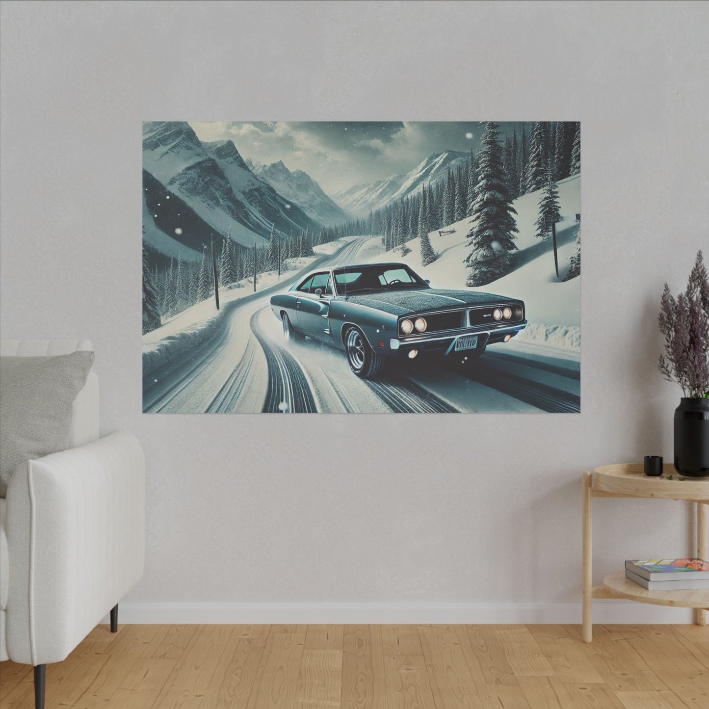 Canvas Print - American Muscle Car Driving on Snow Mountains