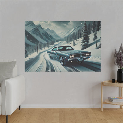 Canvas Print - American Muscle Car Driving on Snow Mountains