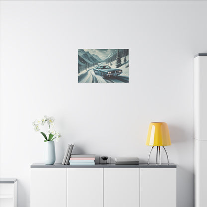 Canvas Print - American Muscle Car Driving on Snow Mountains