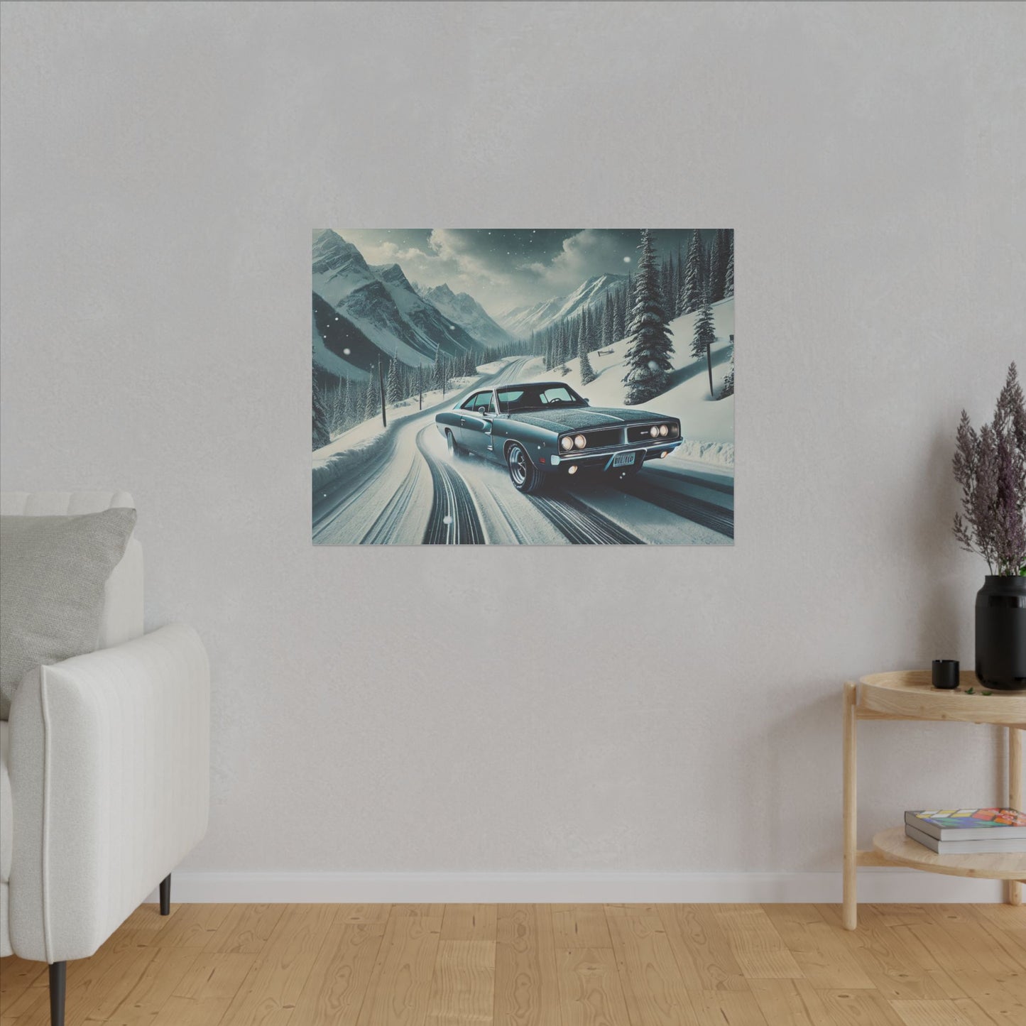 Canvas Print - American Muscle Car Driving on Snow Mountains