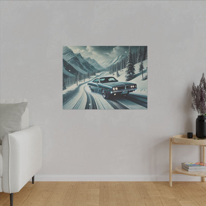 Canvas Print - American Muscle Car Driving on Snow Mountains