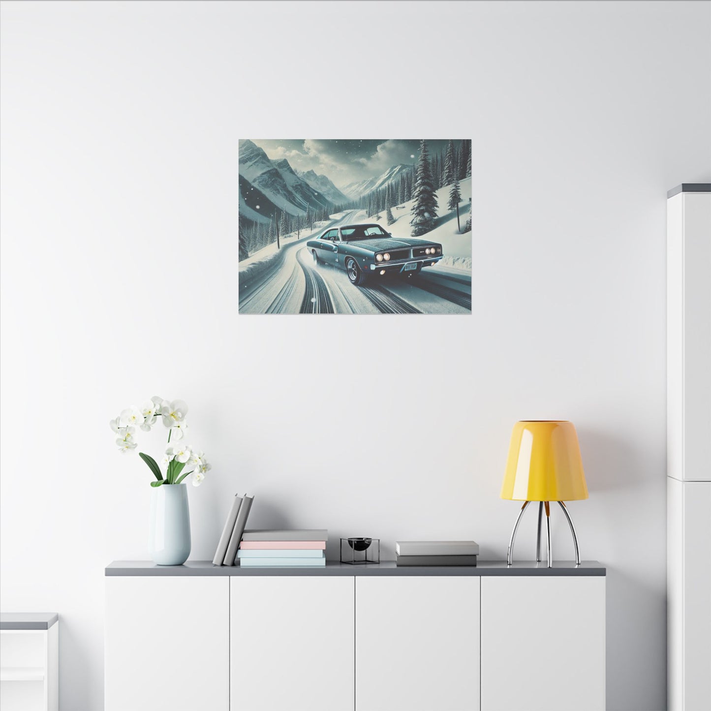 Canvas Print - American Muscle Car Driving on Snow Mountains