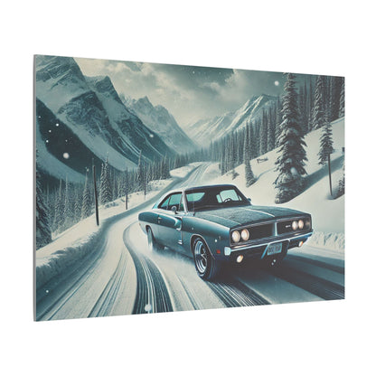 Canvas Print - American Muscle Car Driving on Snow Mountains