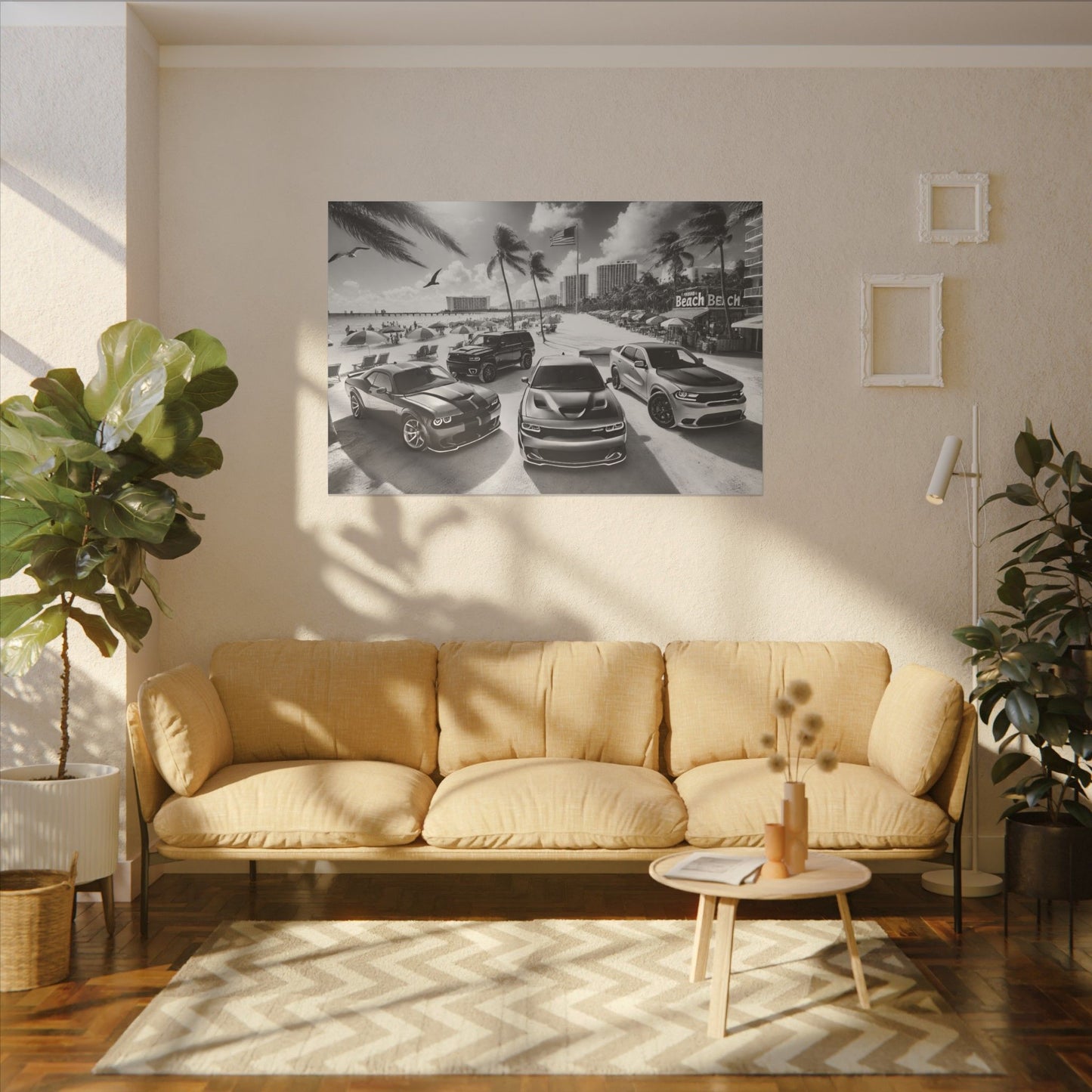 Canvas Print American Muscle Cars on the Beach