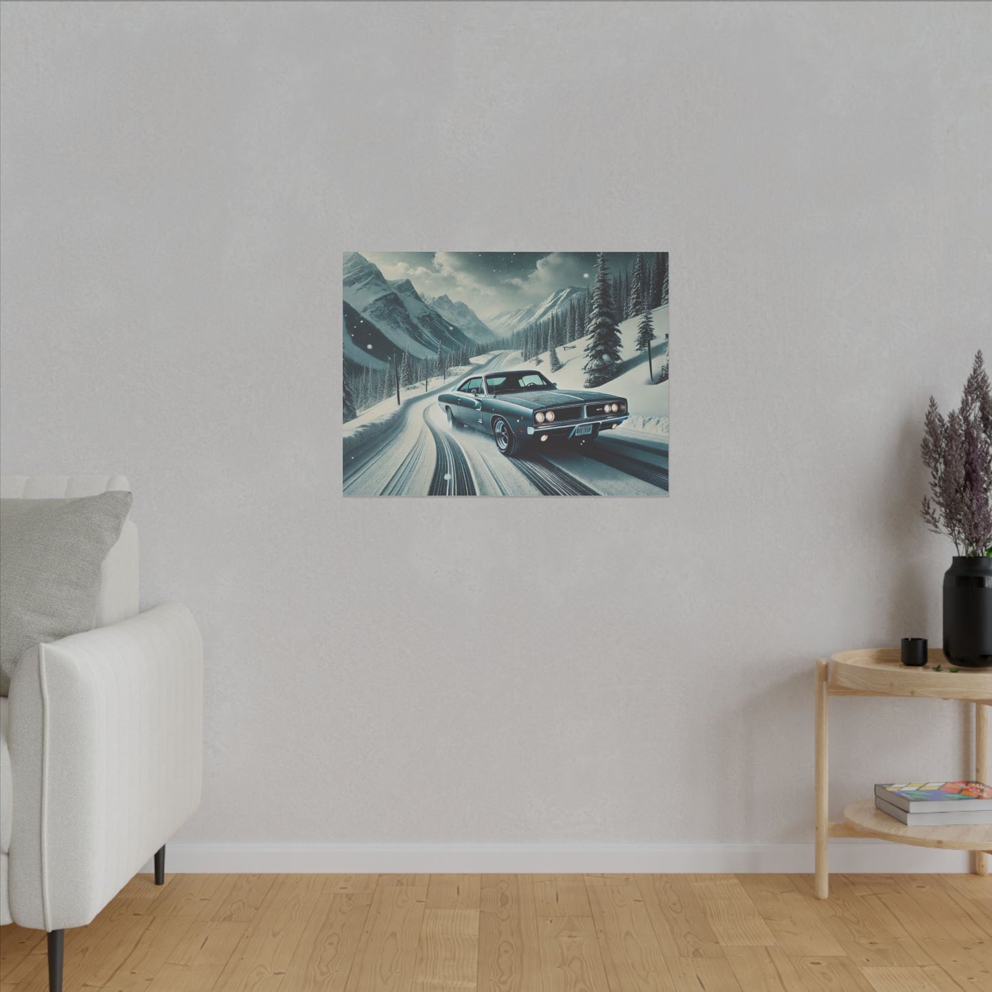 Canvas Print - American Muscle Car Driving on Snow Mountains