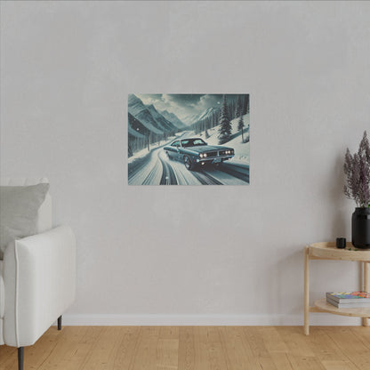 Canvas Print - American Muscle Car Driving on Snow Mountains