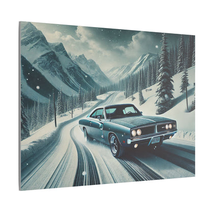 Canvas Print - American Muscle Car Driving on Snow Mountains