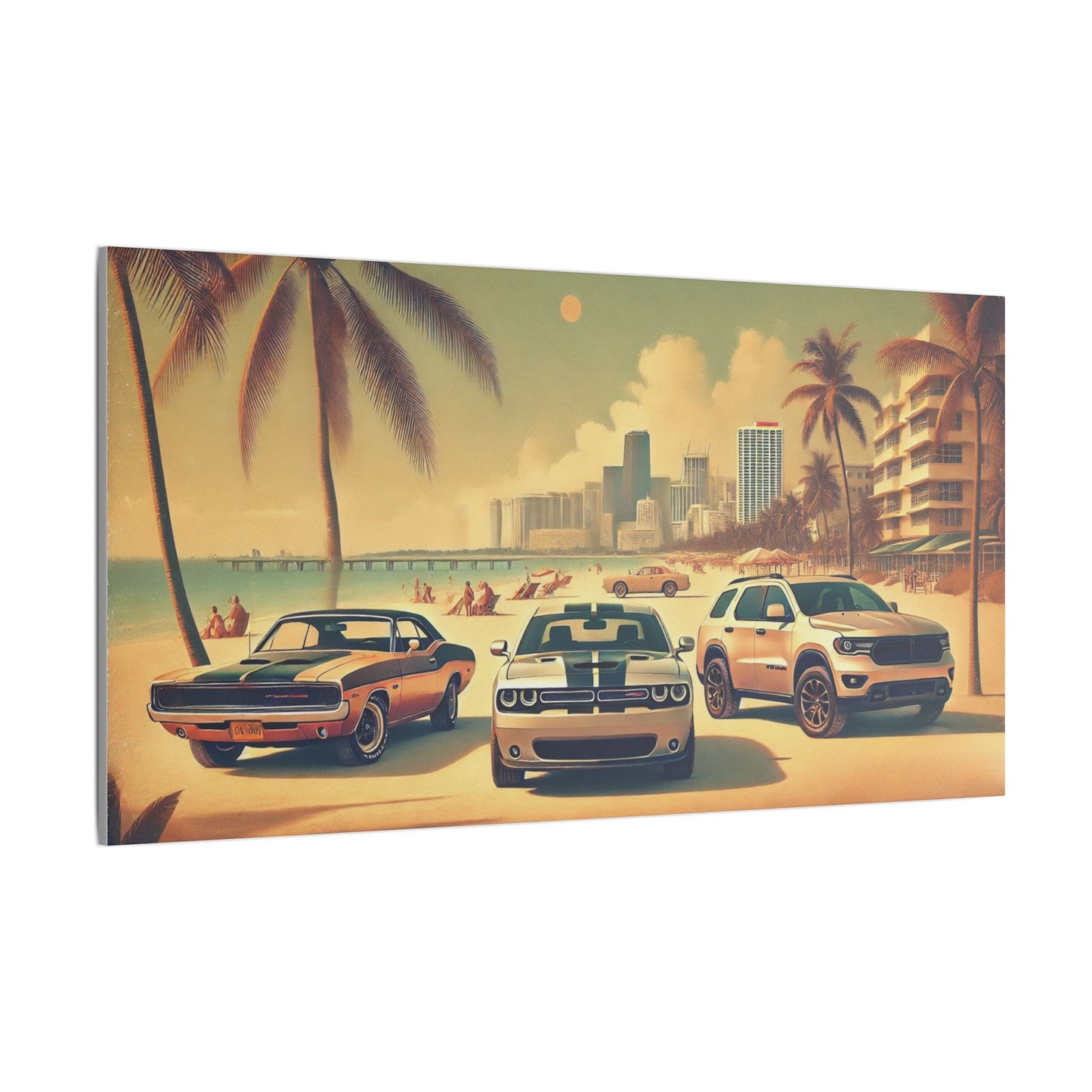 Canvas Print American Car Family on the Beach