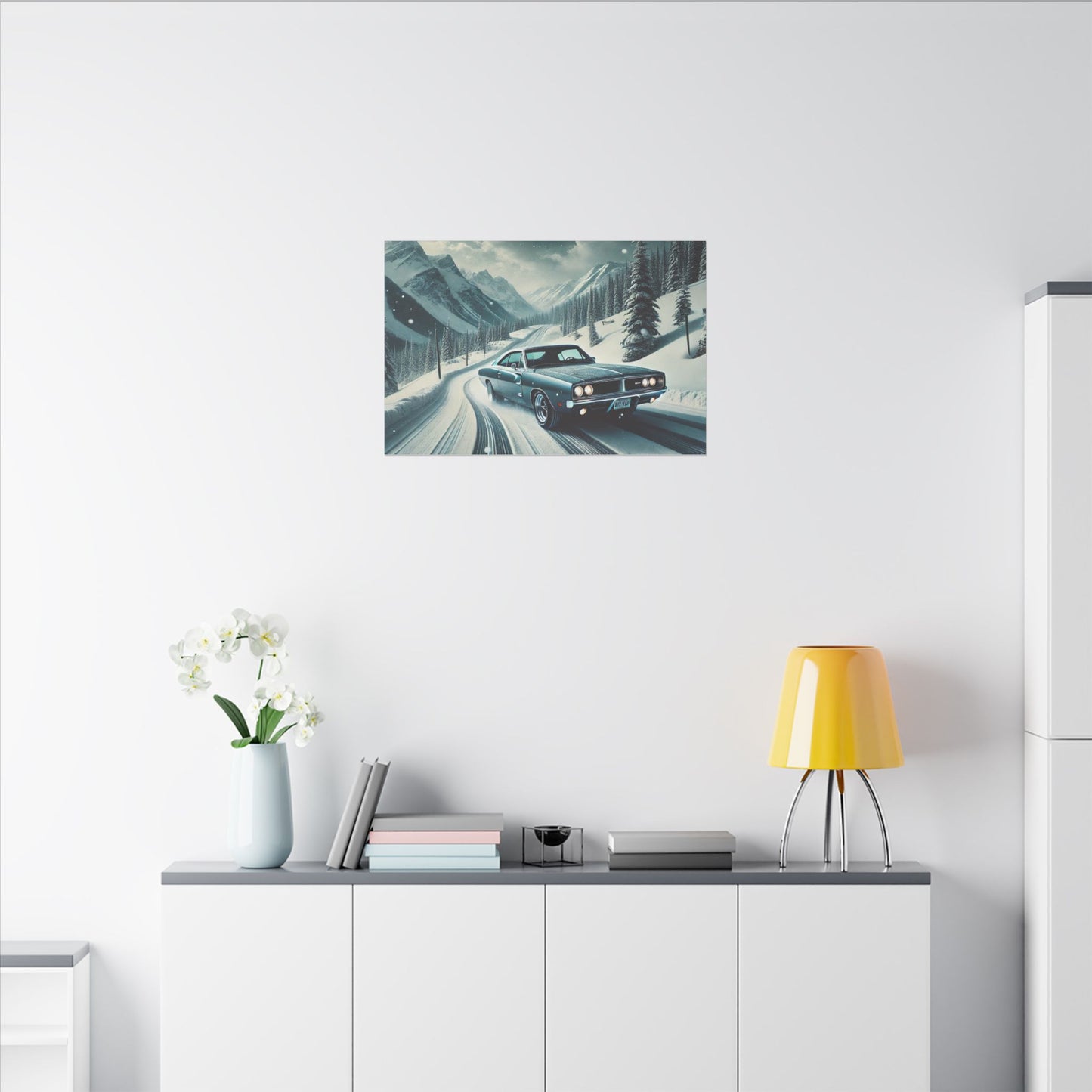 Canvas Print - American Muscle Car Driving on Snow Mountains