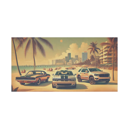 Canvas Print American Car Family on the Beach