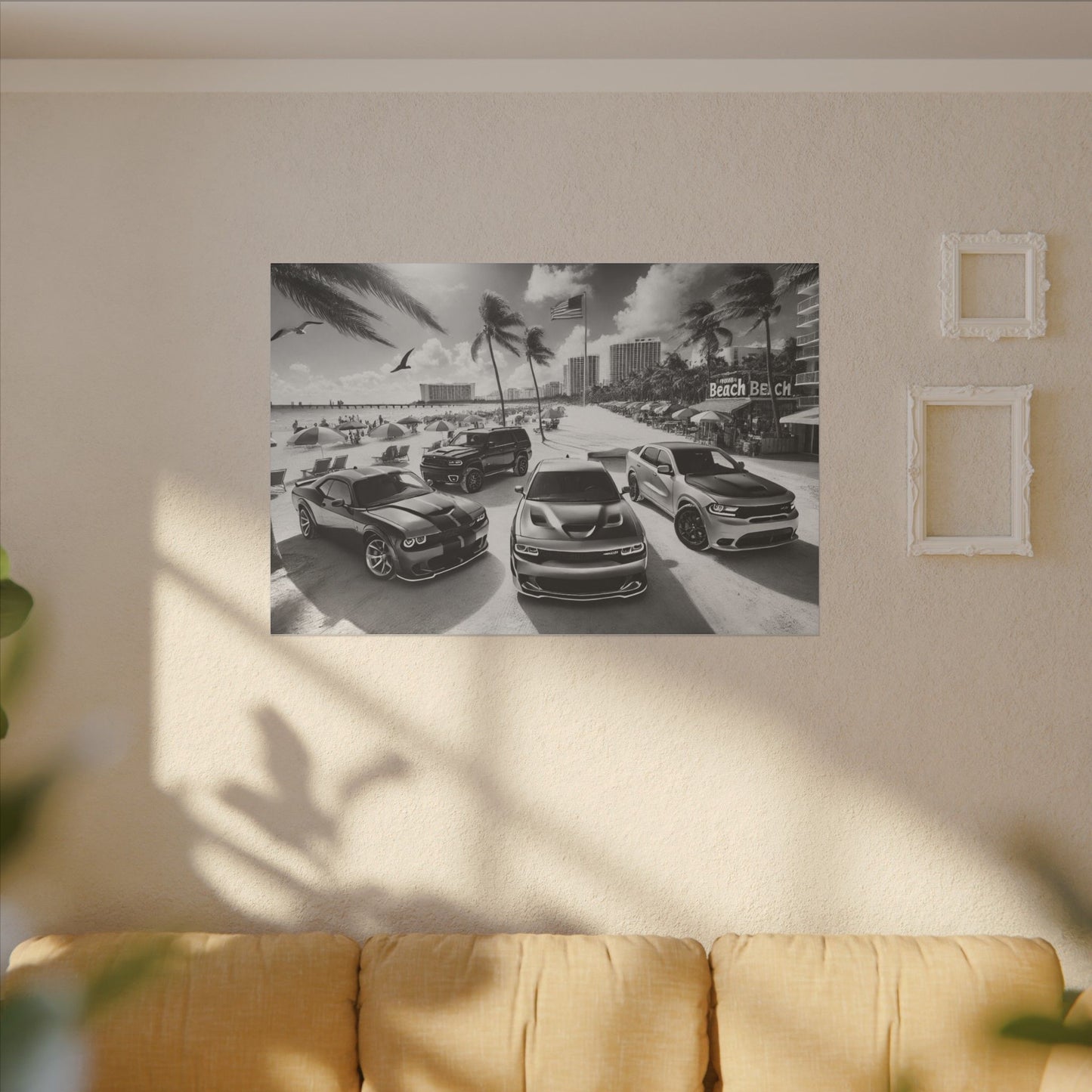 Canvas Print American Muscle Cars on the Beach