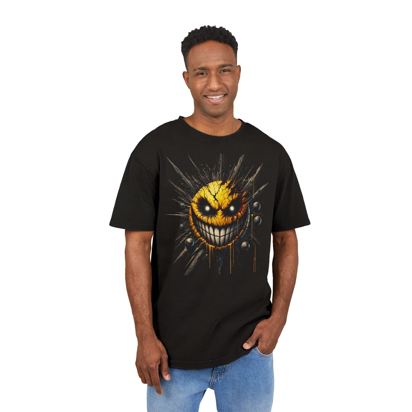 Oversize Tee - Angry Emoticon Graphic Print Shirt