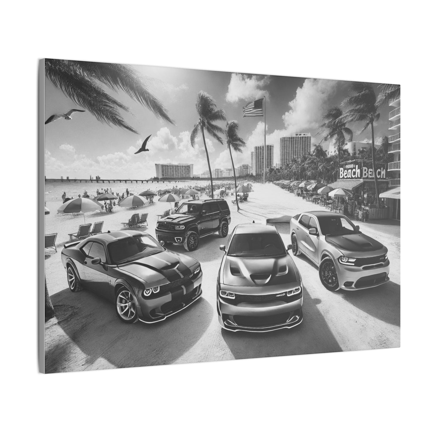Canvas Print American Muscle Cars on the Beach