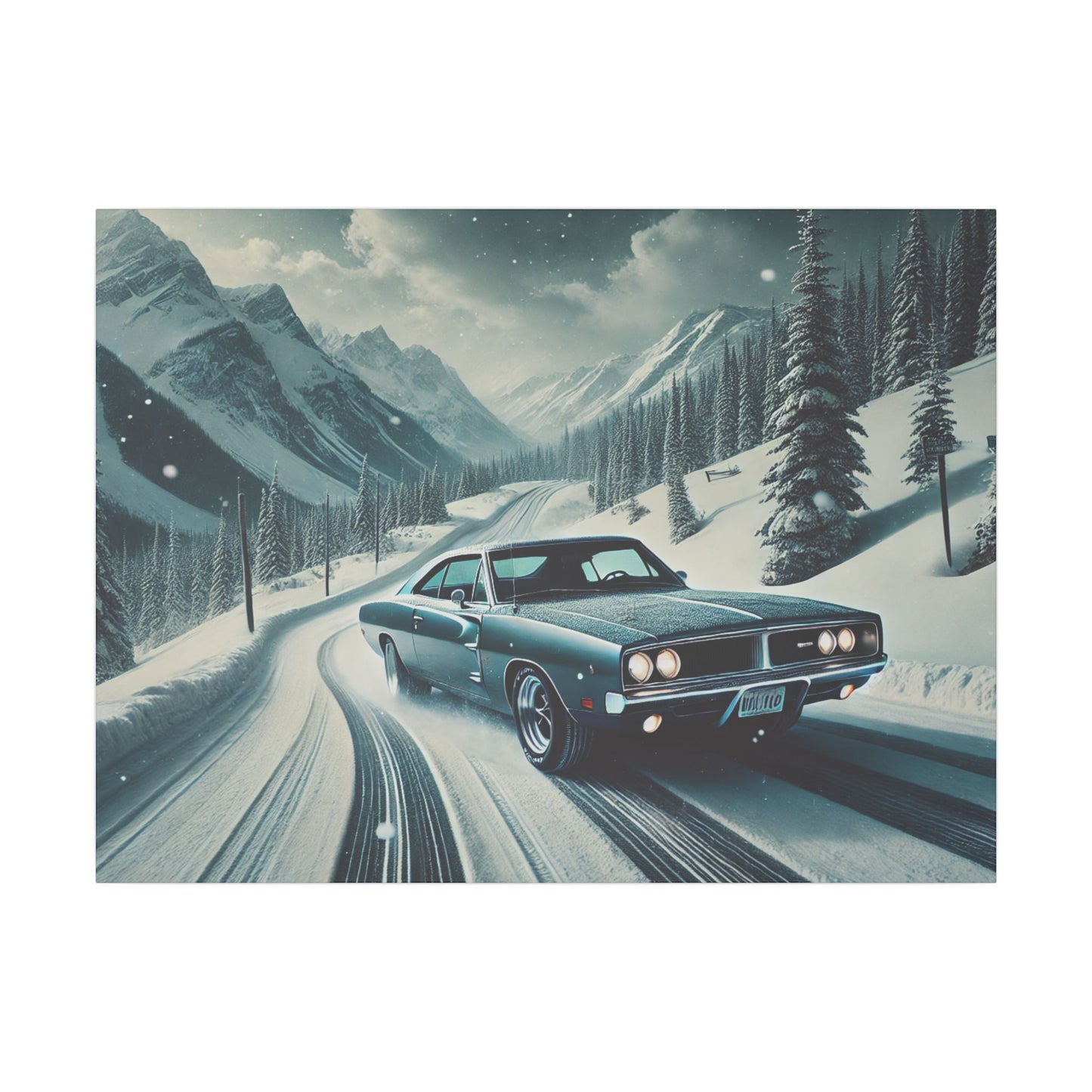 Canvas Print - American Muscle Car Driving on Snow Mountains