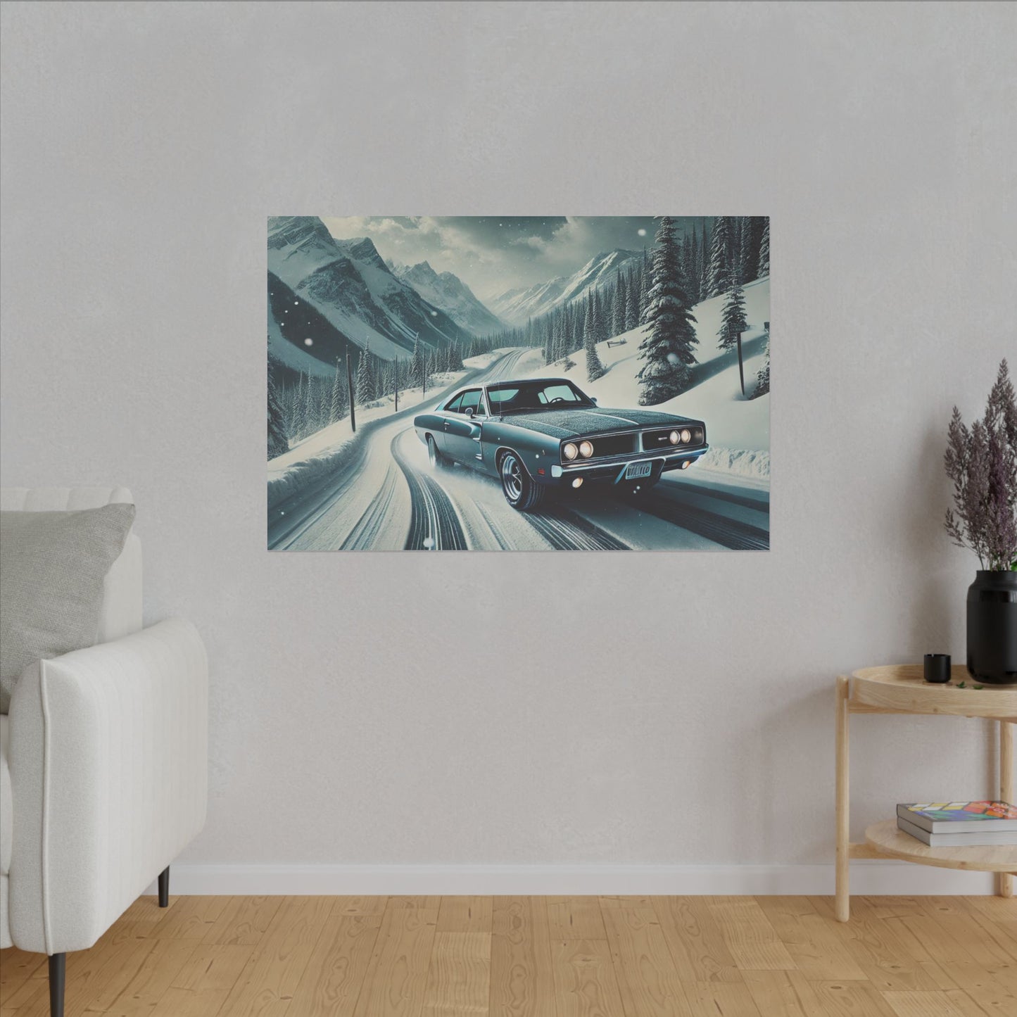 Canvas Print - American Muscle Car Driving on Snow Mountains