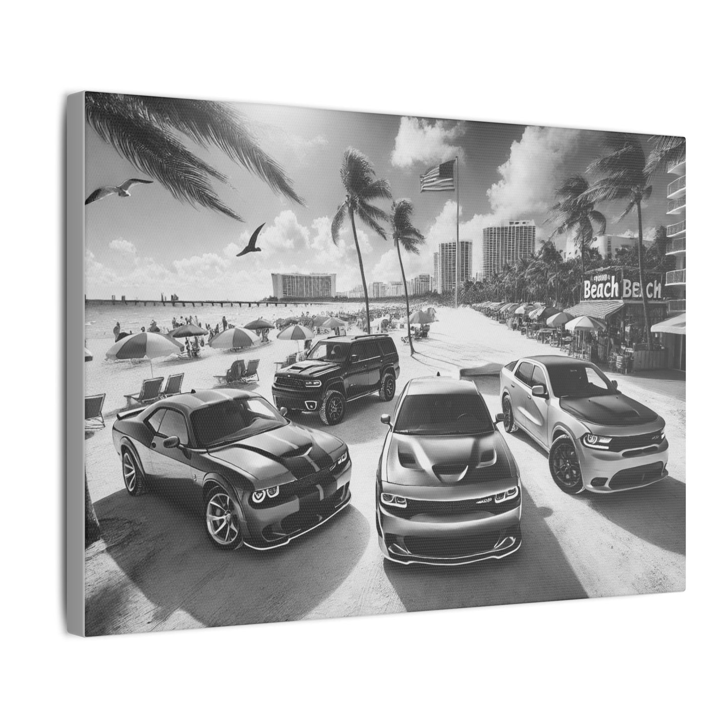 Canvas Print American Muscle Cars on the Beach