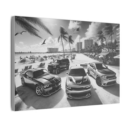 Canvas Print American Muscle Cars on the Beach
