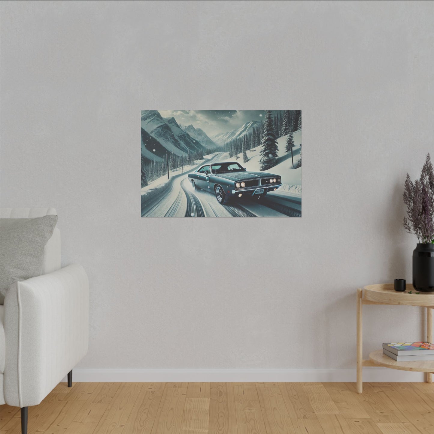 Canvas Print - American Muscle Car Driving on Snow Mountains
