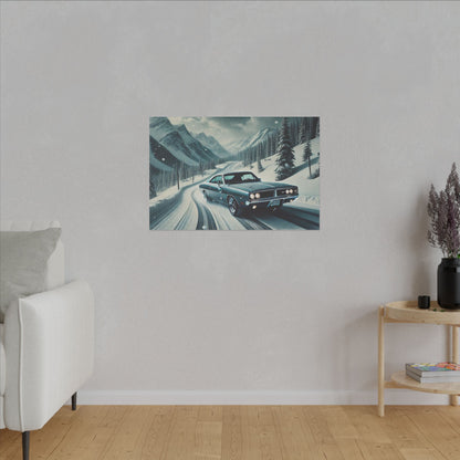 Canvas Print - American Muscle Car Driving on Snow Mountains