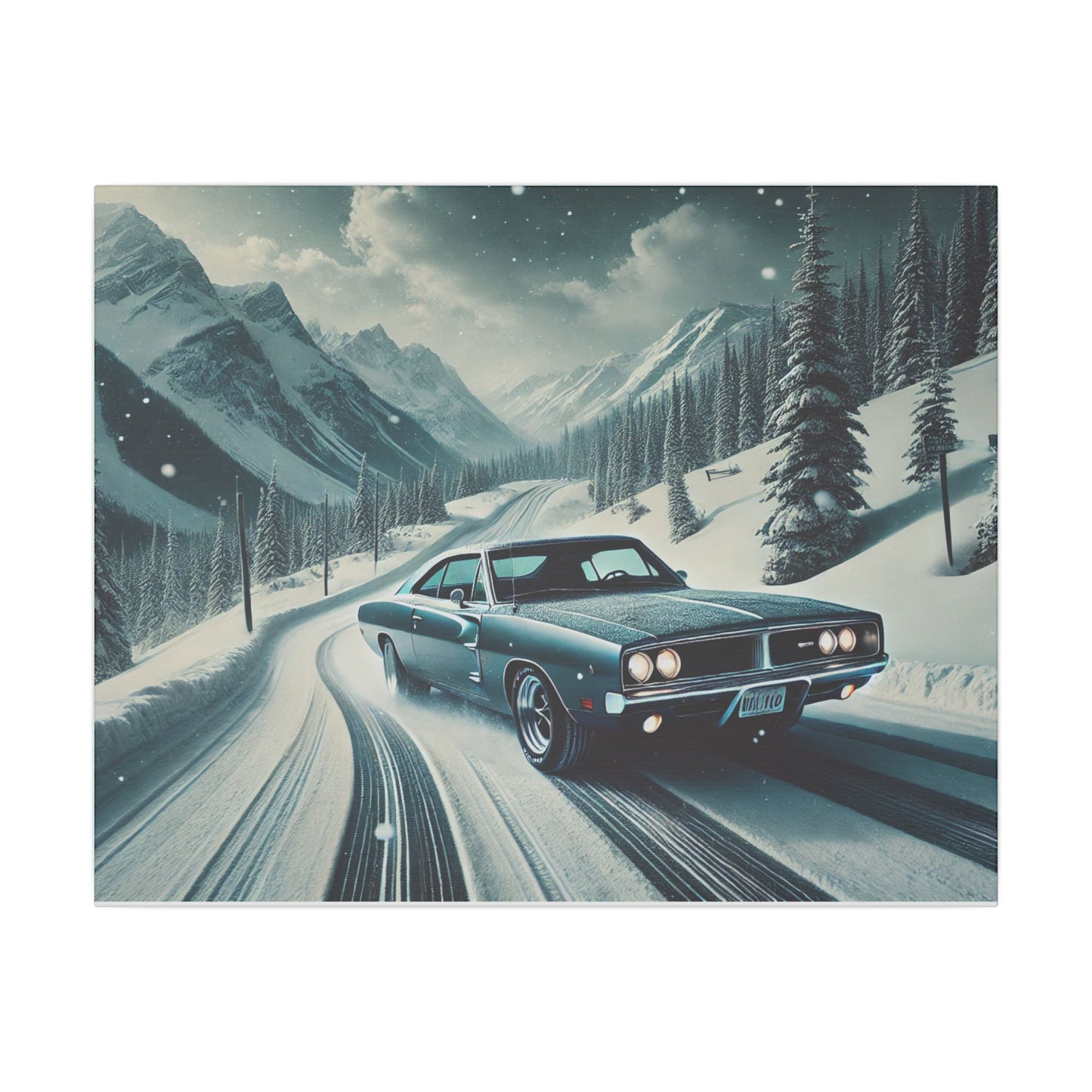 Canvas Print - American Muscle Car Driving on Snow Mountains