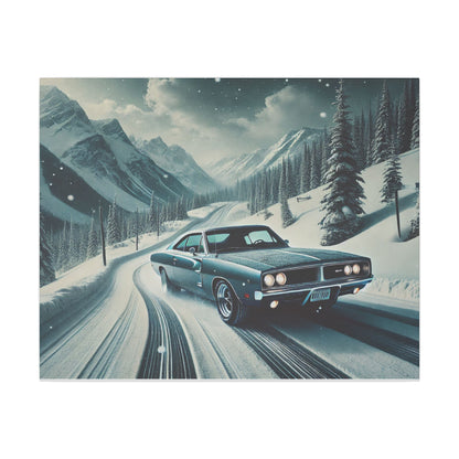 Canvas Print - American Muscle Car Driving on Snow Mountains
