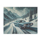Canvas Print - American Muscle Car Driving on Snow Mountains