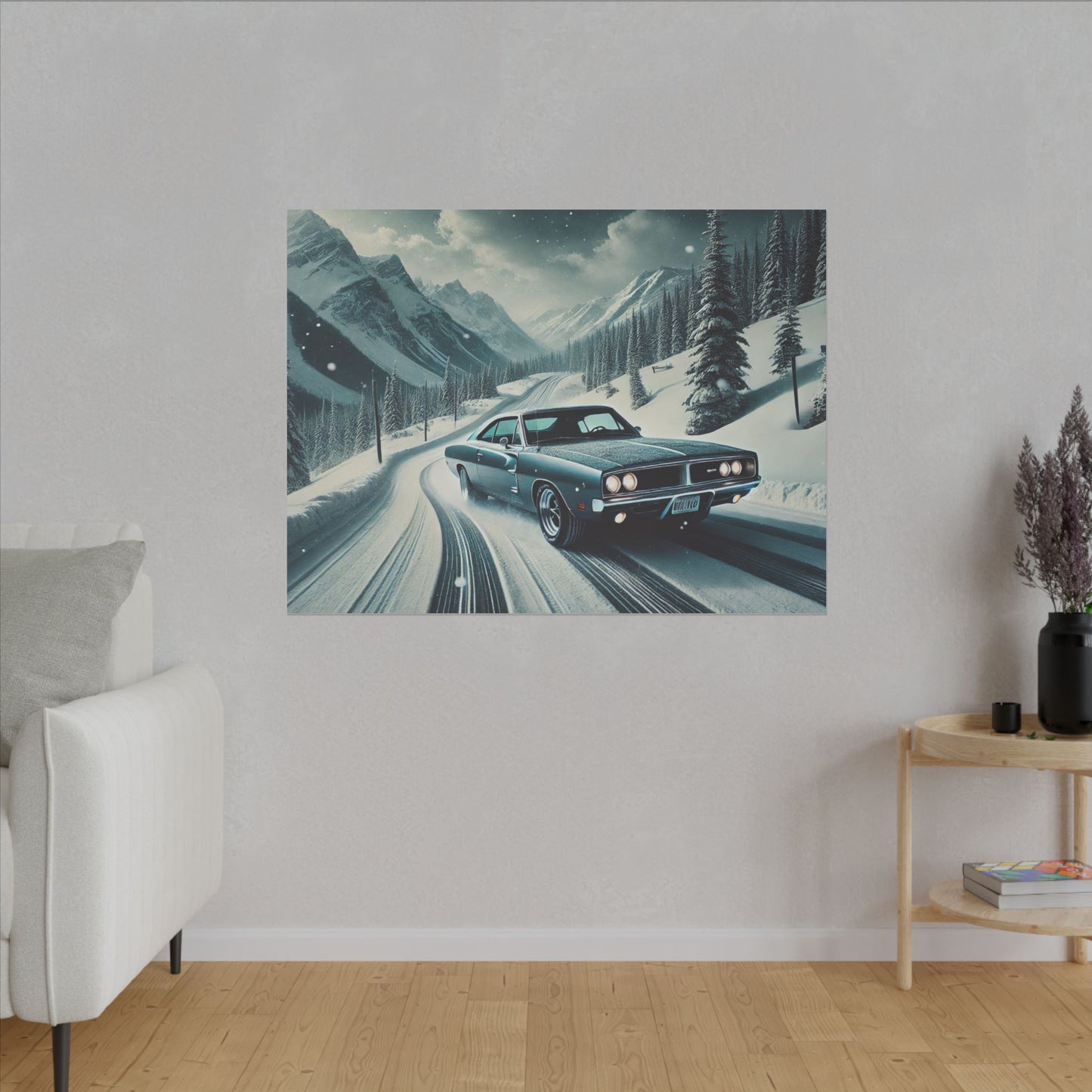 Canvas Print - American Muscle Car Driving on Snow Mountains