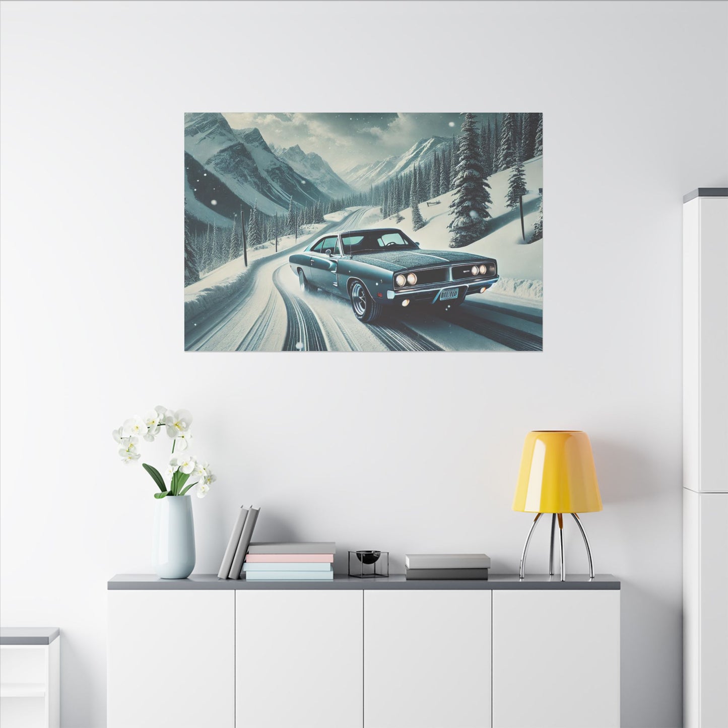 Canvas Print - American Muscle Car Driving on Snow Mountains
