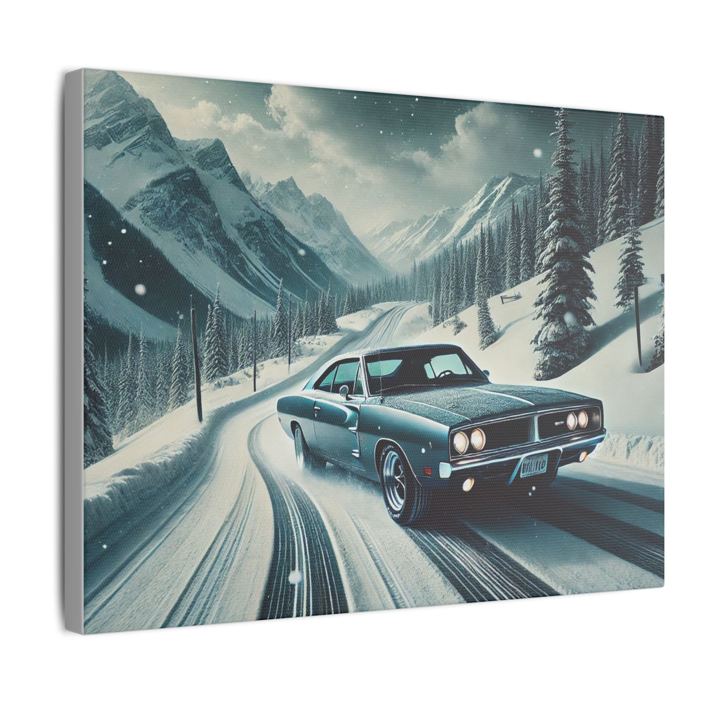 Canvas Print - American Muscle Car Driving on Snow Mountains