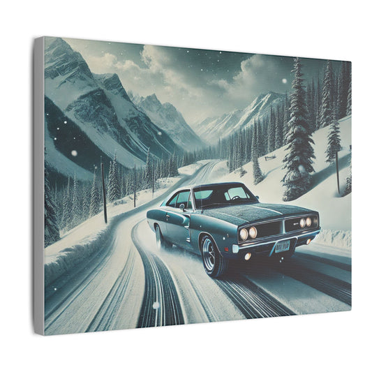 Canvas Print - American Muscle Car Driving on Snow Mountains