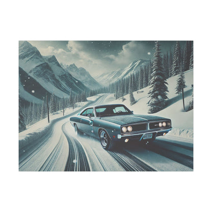 Canvas Print - American Muscle Car Driving on Snow Mountains