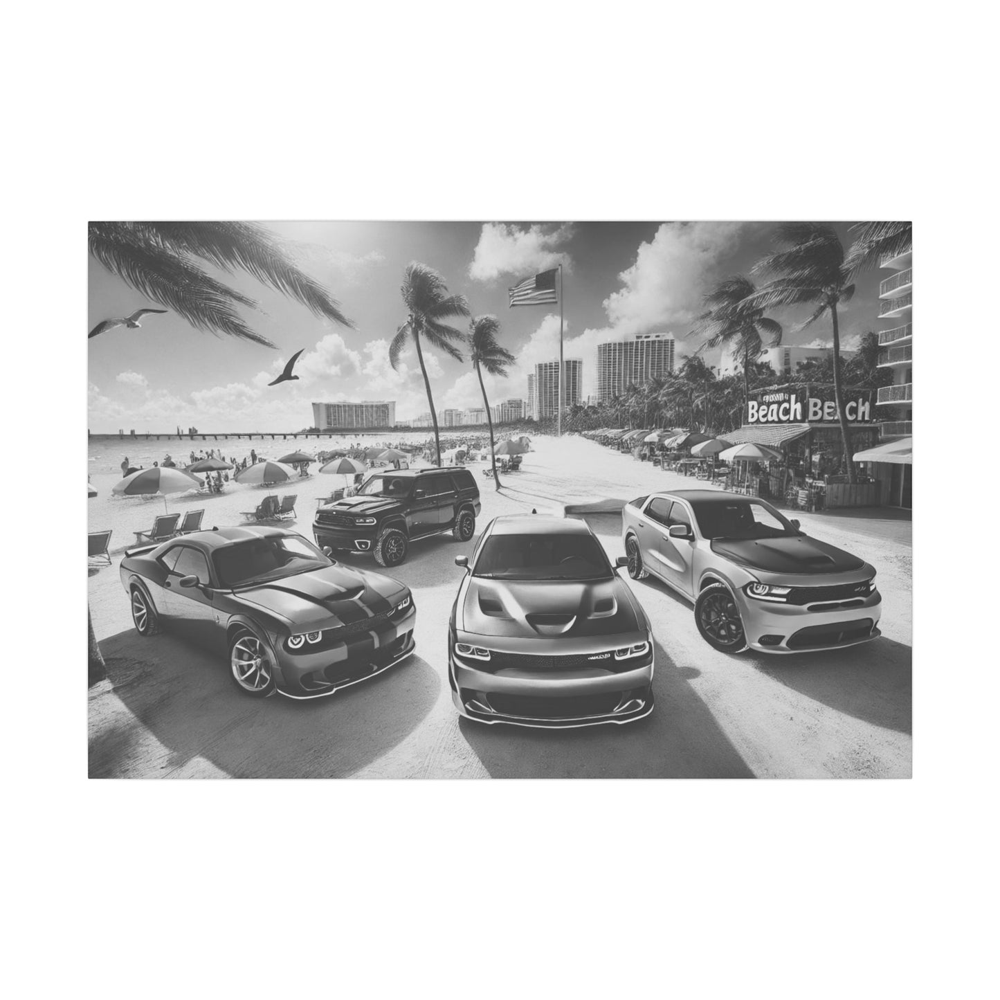 Canvas Print American Muscle Cars on the Beach